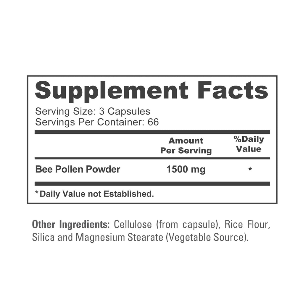 NusaPure Bee Pollen 1500mg 200 Veggie Caps (100% Vegetarian, Non-GMO, Vegan) Naturally Occurring Proteins, Aminoacids