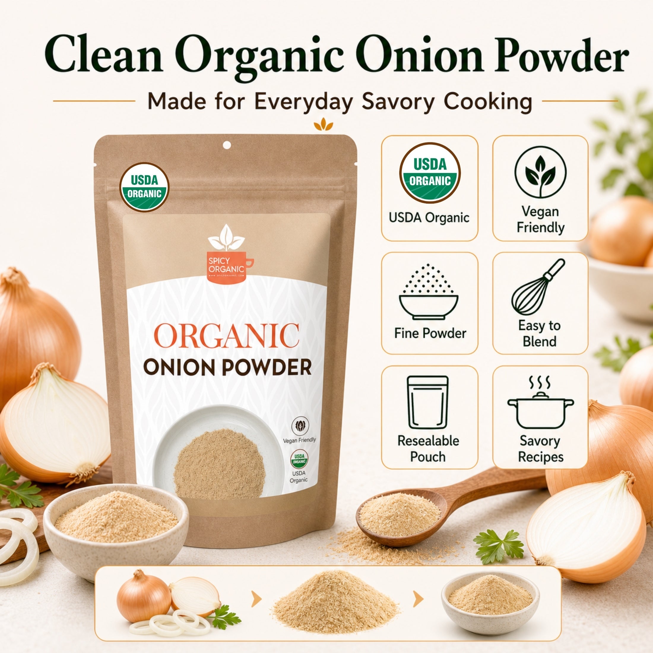 Organic Onion Powder — USDA Certified, Non-GMO | Soups, Spice Blends & Dry Rubs