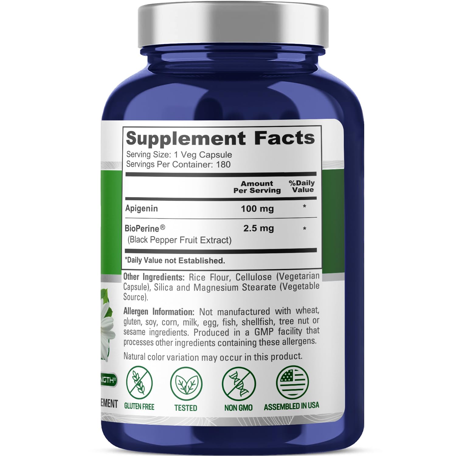NusaPure Apigenin 100 mg per Capsule 180 Vcaps - Bioperine (Non-GMO, Gluten Free)