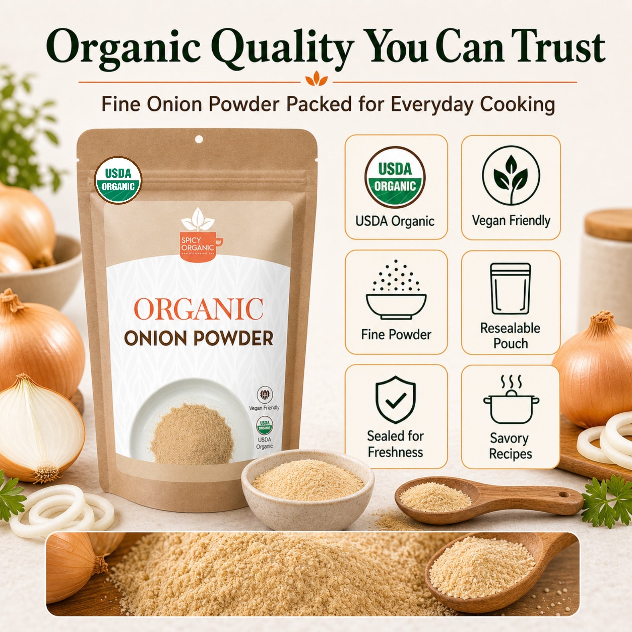 Organic Onion Powder — USDA Certified, Non-GMO | Soups, Spice Blends & Dry Rubs