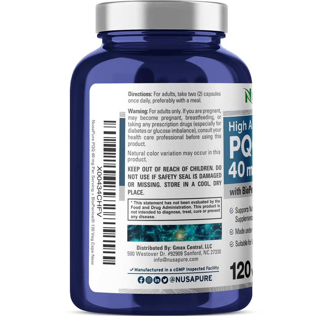 NusaPure PQQ Supplement 40 mg, 120 Veggie Capsules, Non-GMO, Pyrroloquinoline Quinone Disodium Salt, Bioperine