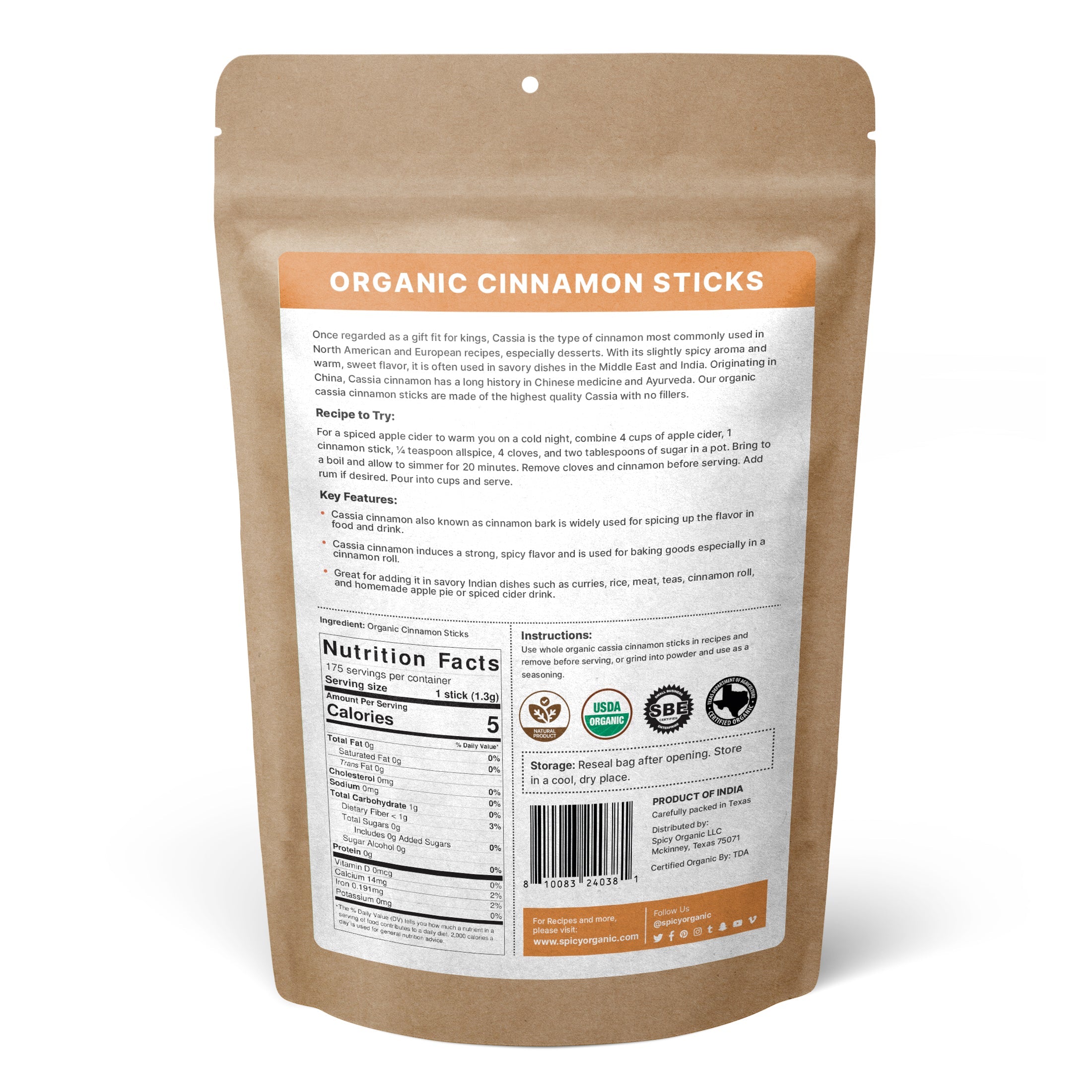 Organic Ceylon Cinnamon Chips — USDA Certified | Herbal Tea, Grinding & Mulled Drinks