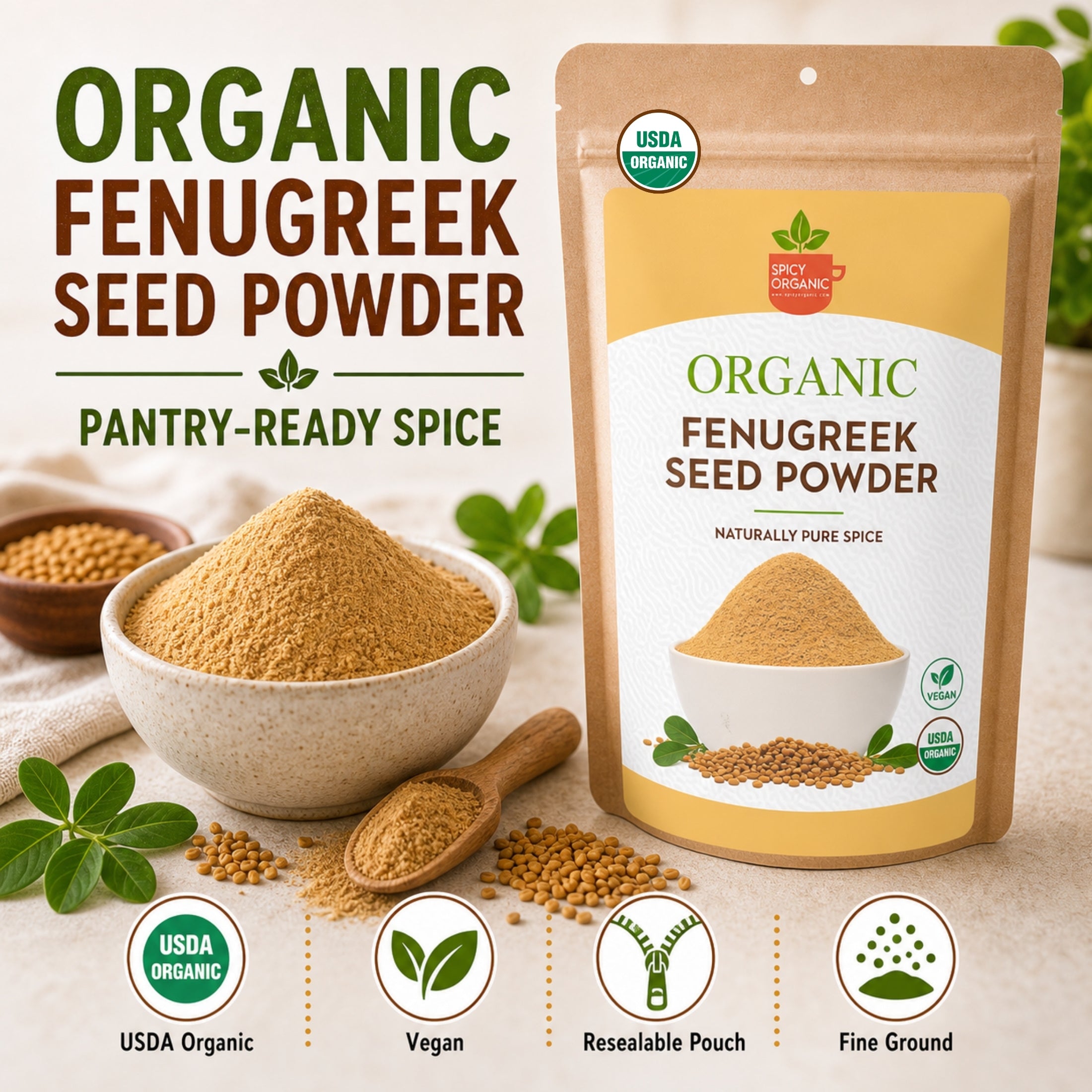 Organic Fenugreek Seed Powder – USDA Certified Ground Methi for Curries, Spice Blends & Tea