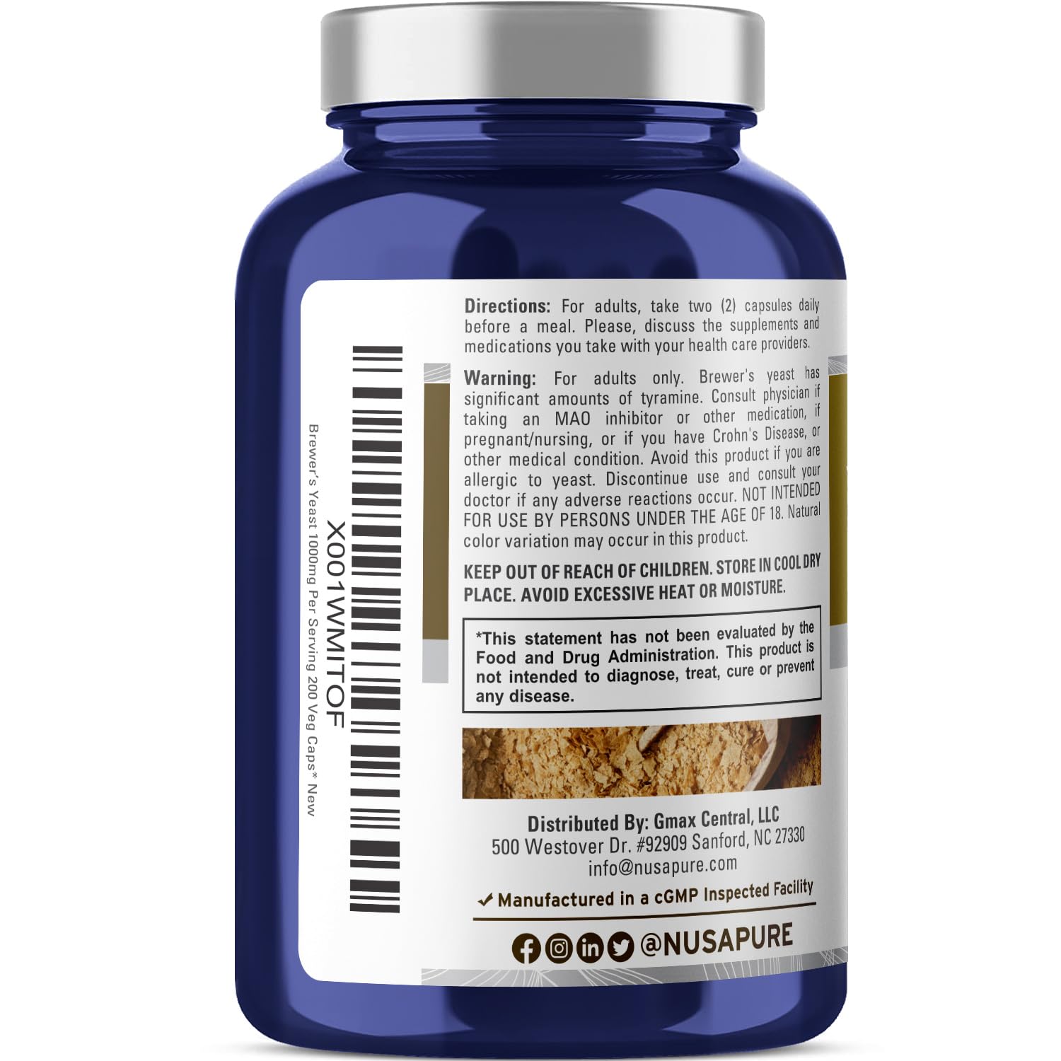 NusaPure Brewer’s Yeast - Suitable for Vegetarian/Vegan, Non - GMO - 1000mg 200 Capsules