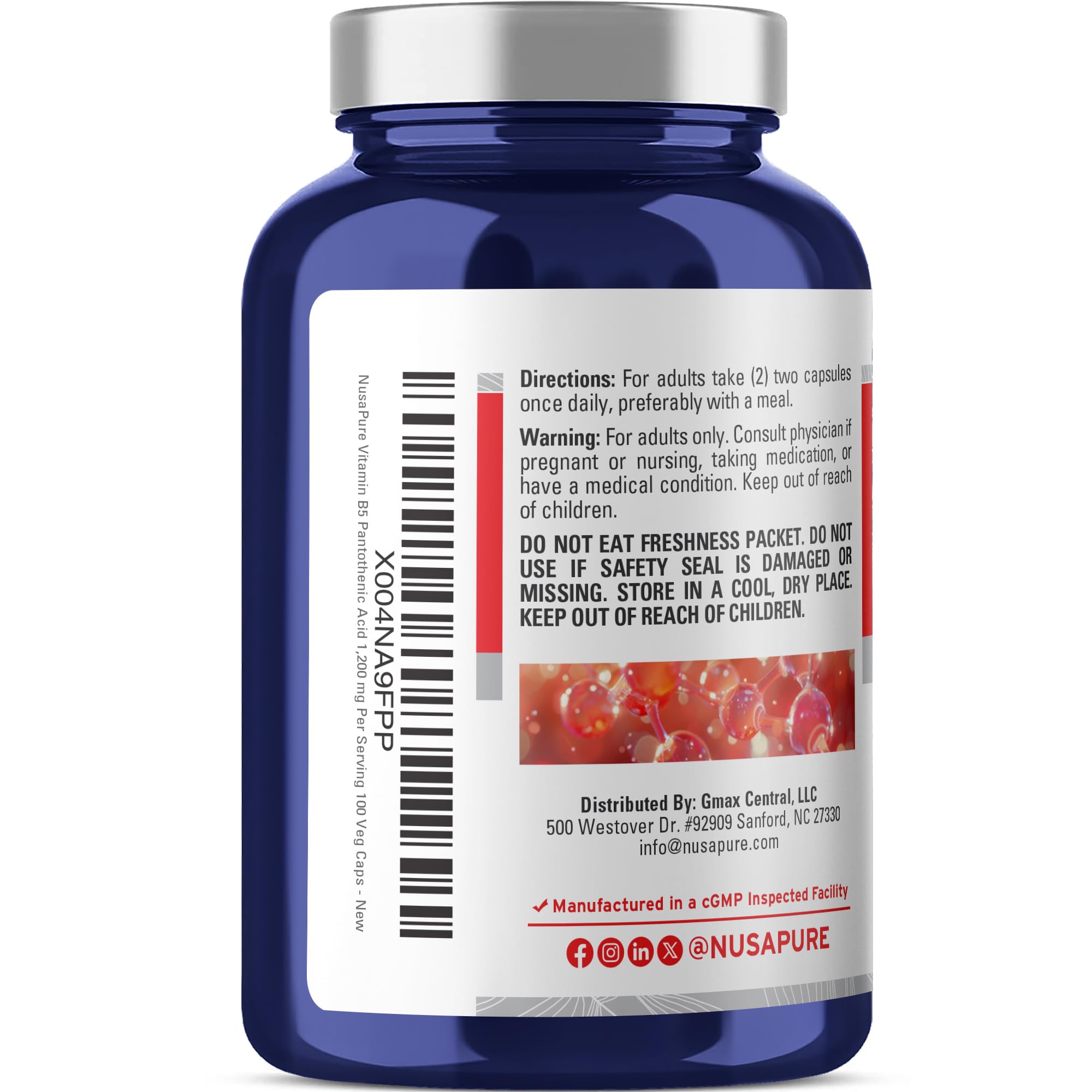 NusaPure Vitamin B5 Pantothenic Acid 1,200mg Per Serving 100 Caps Vegetarians Vegans, Non-GMO Dietary Supplement