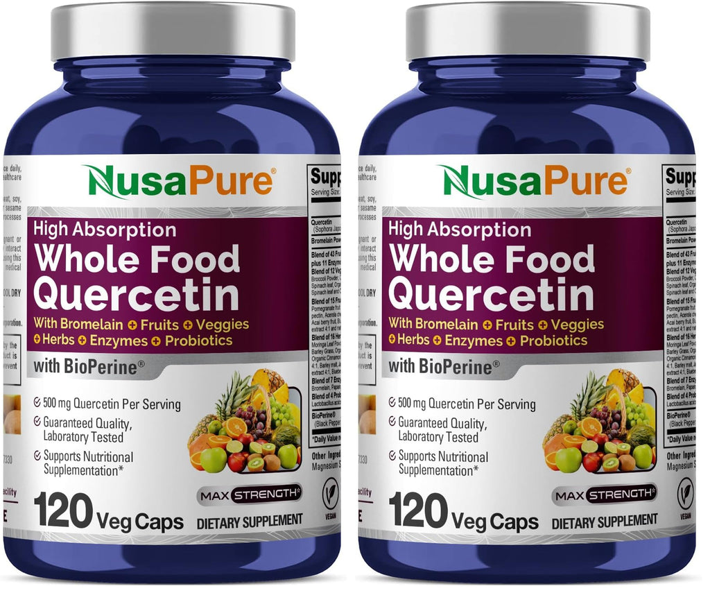 NusaPure Quercetin with Bromelain 500mg |120 Veggie Caps | 43 Fruit Veggie Grain Herbs Enzyme Probiotic Blend | Non-GMO, Vegan, Bioperine
