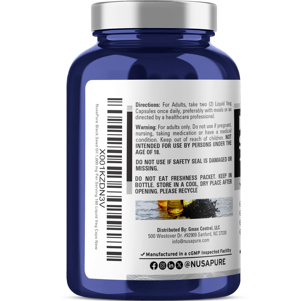 NusaPure Black Seed Oil 1,000 mg per Serving 180 Softgel Capsules (Non-GMO, Vegetarian & Vegan) Cold-Pressed Virgin Nigella Sativa. Hexane Free