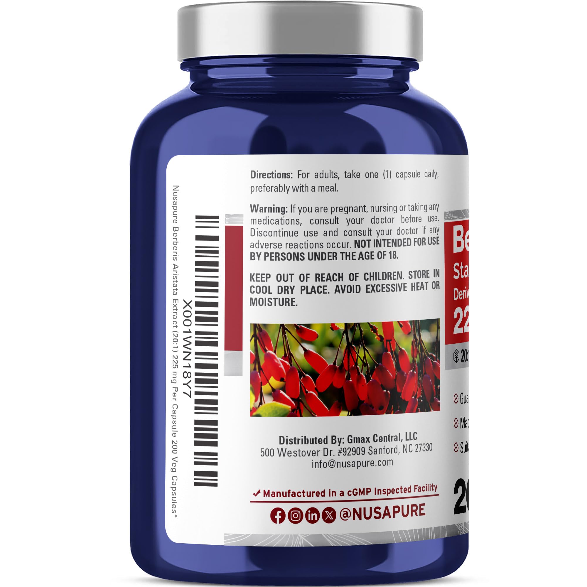 NusaPure Berberine HCI 20:1 Extract, 225 mg - 200 Veggie Caps - (Vegetarian, Non-GMO, Vegan)