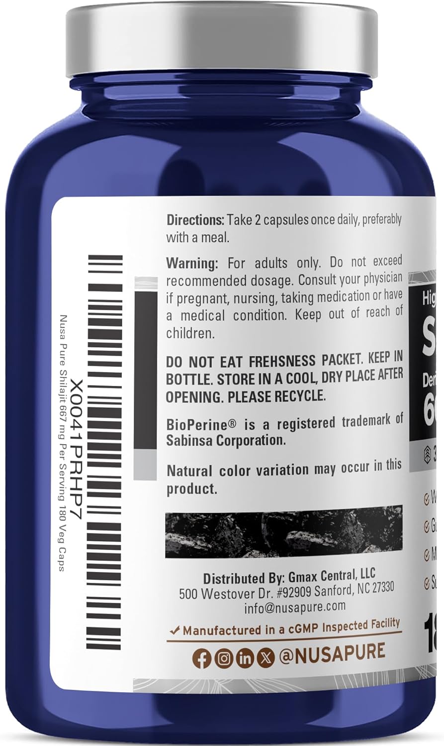 NusaPure Shilajit 667mg per Serving, 180 Veggie Caps, Non-GMO, Gluten Free, Bioperine