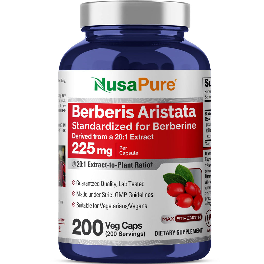 NusaPure Berberine HCI 20:1 Extract, 225 mg - 200 Veggie Caps - (Vegetarian, Non-GMO, Vegan)