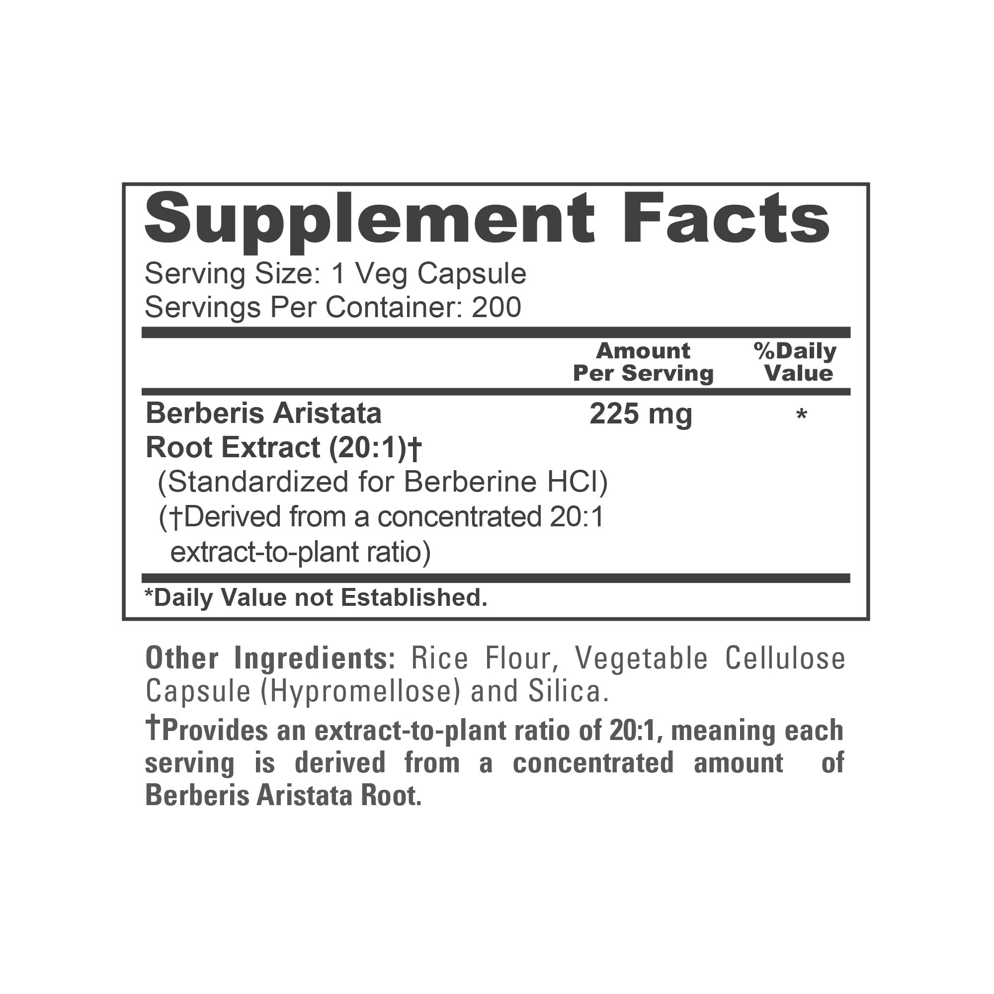 NusaPure Berberine HCI 20:1 Extract, 225 mg - 200 Veggie Caps - (Vegetarian, Non-GMO, Vegan)