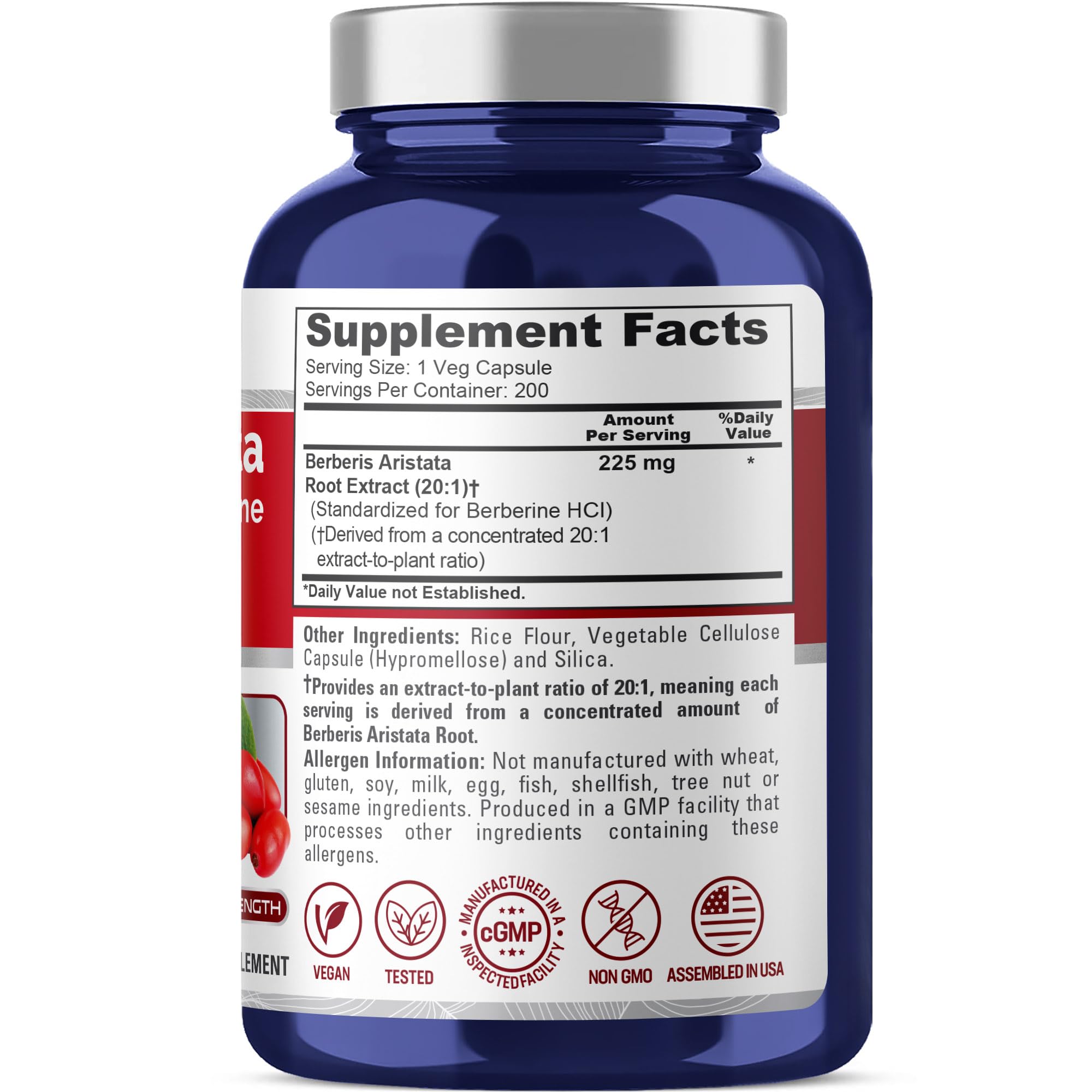 NusaPure Berberine HCI 20:1 Extract, 225 mg - 200 Veggie Caps - (Vegetarian, Non-GMO, Vegan)