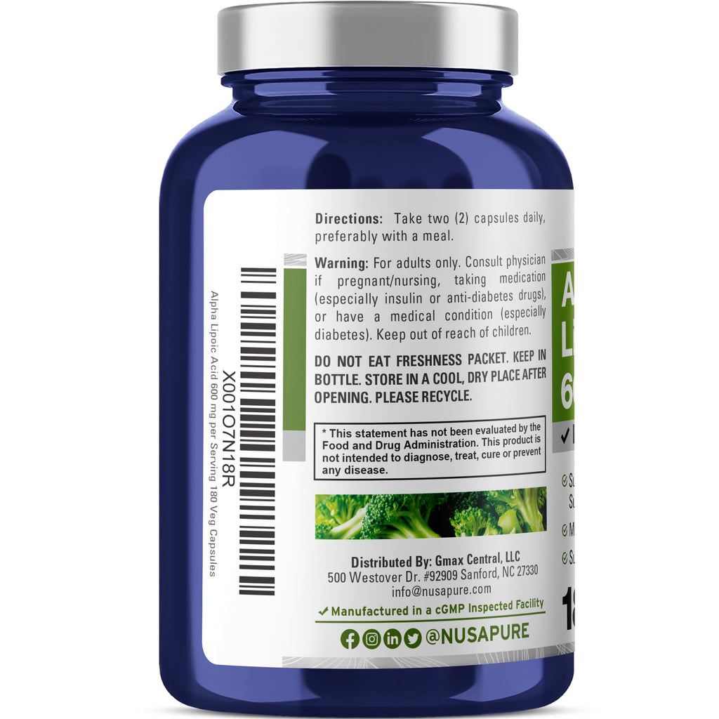 NusaPure Alpha Lipoic Acid 600 mg per Serving 180 Veggie Capsules (Vegetarian, Non-GMO, Vegan)