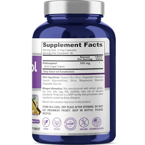 NusaPure Policosanol 100mg 180 Veggie Capsules (Vegan, Non-GMO)