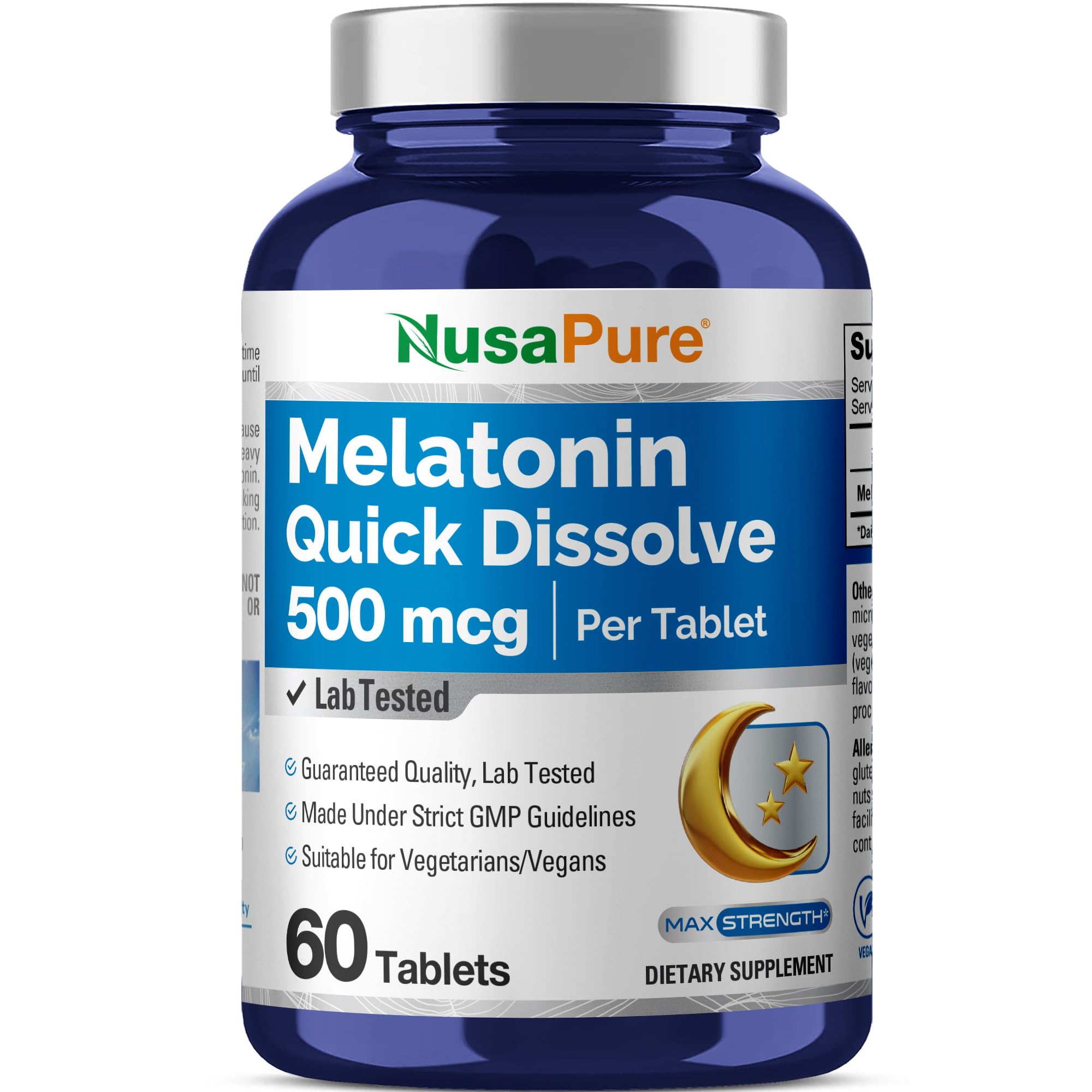 NusaPure Melatonin Quick Dissolve 500 mcg Per 60 Tablets Dietary Supplement Vegan, Non-GMO
