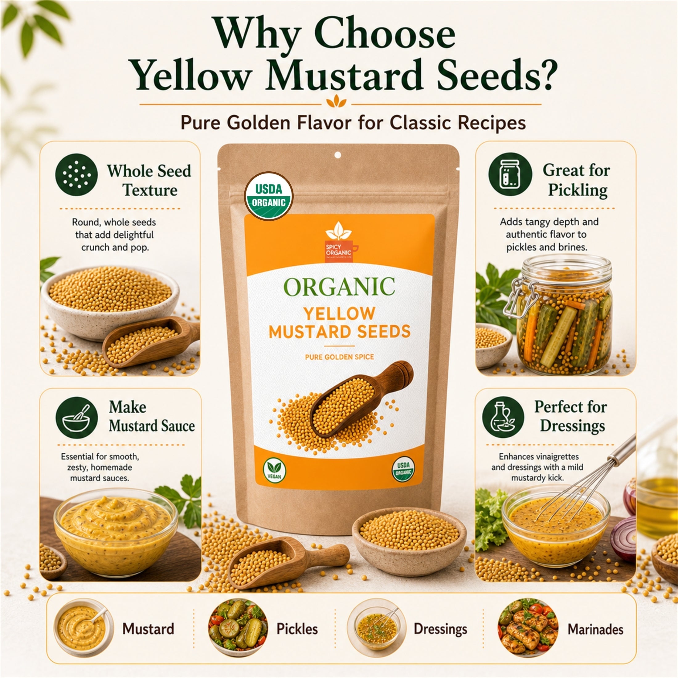 Organic Yellow Mustard Seeds – USDA Certified Organic Whole Mustard Seeds for Pickling & Cooking