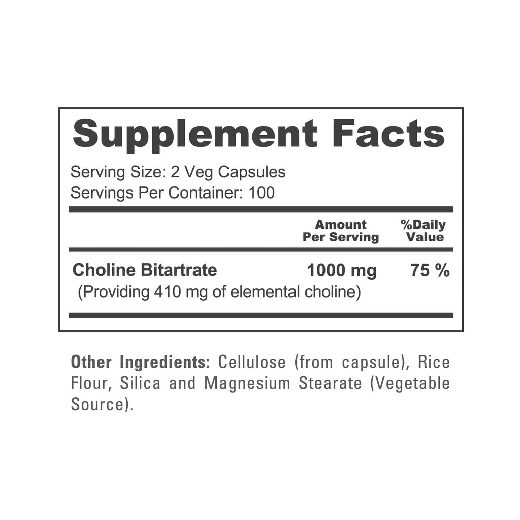 NusaPure Choline Bitartrate - Suitable for Vegetarian/Vegan, Non - GMO - 1000 mg 200 Capsules
