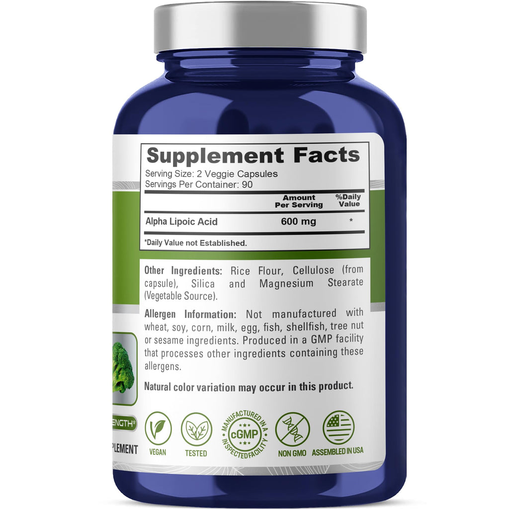 NusaPure Alpha Lipoic Acid 600 mg per Serving 180 Veggie Capsules (Vegetarian, Non-GMO, Vegan)