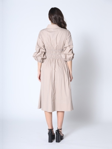 Ruched Puff Sleeve A Line Midi Dress - Gracia D33917