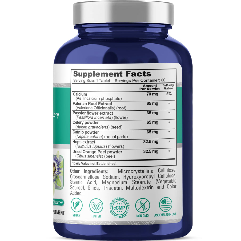 NusaPure Calmme with Valerian Passion Flower Celery Catnip Hops Orange Peel 395 mg 60 Per Tablet Vegetarian/Vegan, Non-GMO