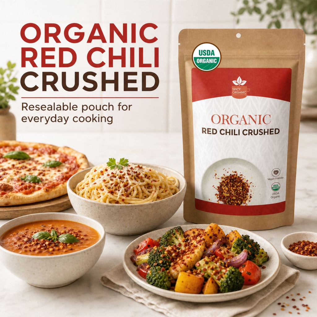 Organic Red Chili Flakes — USDA Certified, Non-GMO | Pizza, Curries & Spice Blends
