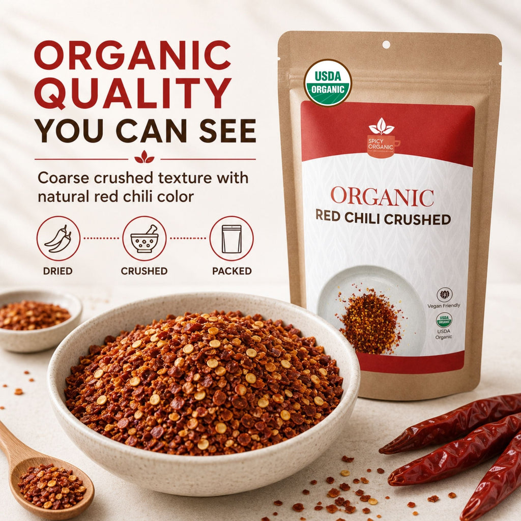 Organic Red Chili Flakes — USDA Certified, Non-GMO | Pizza, Curries & Spice Blends