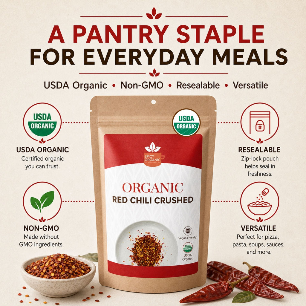 Organic Red Chili Flakes — USDA Certified, Non-GMO | Pizza, Curries & Spice Blends