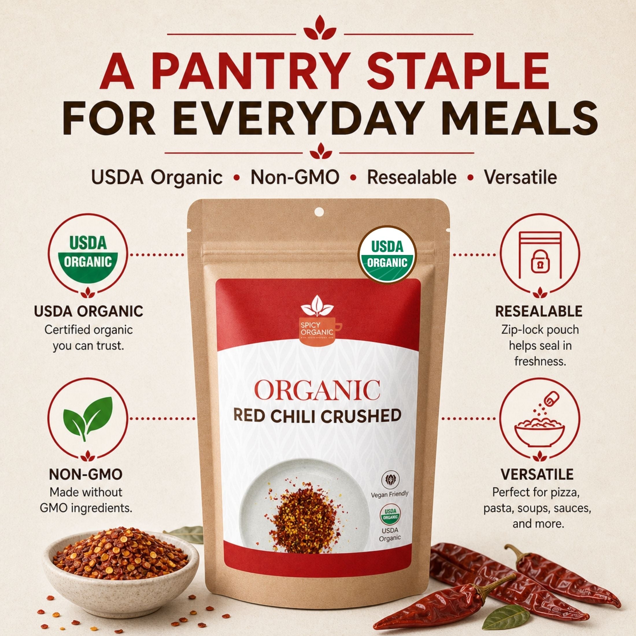 Organic Red Chili Flakes — USDA Certified, Non-GMO | Pizza, Curries & Spice Blends