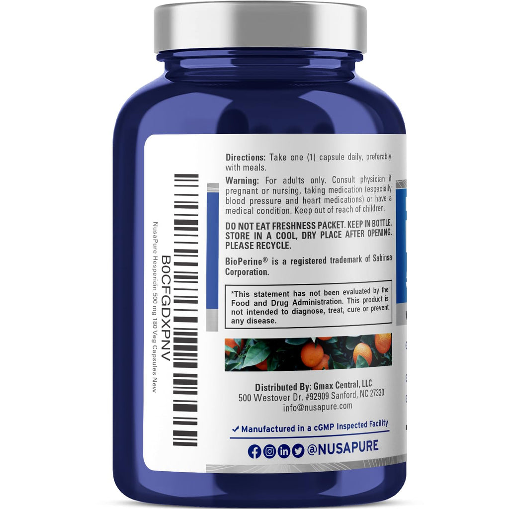 NusaPure Hesperidin 500 mg per Veggie Caps - 180 Capsules (BioPerine, High Absorption, Non-GMO)