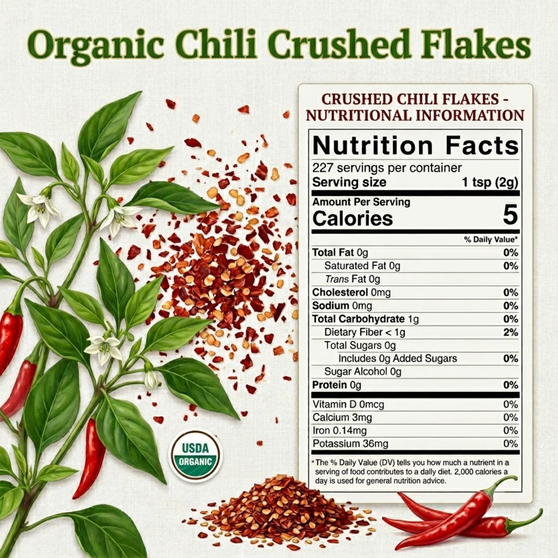 Organic Red Chili Flakes — USDA Certified, Non-GMO | Pizza, Curries & Spice Blends