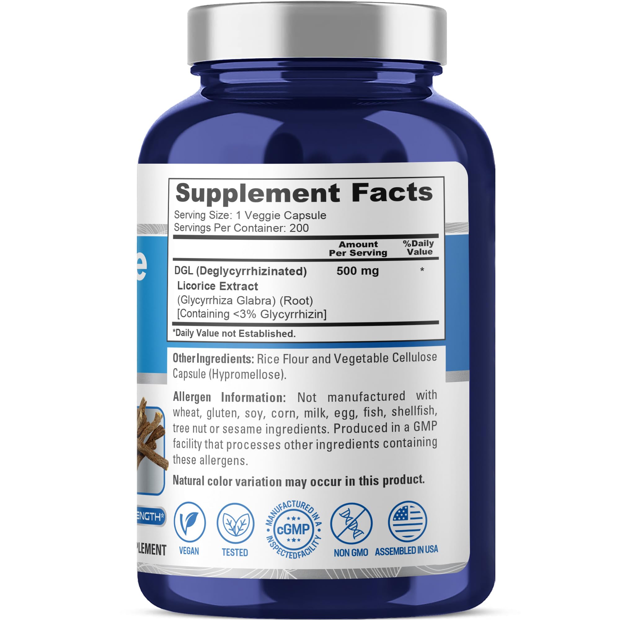 NusaPure DGL Licorice Extract 500 mg 200 Veggie Capsules (Vegan,Non-GMO)
