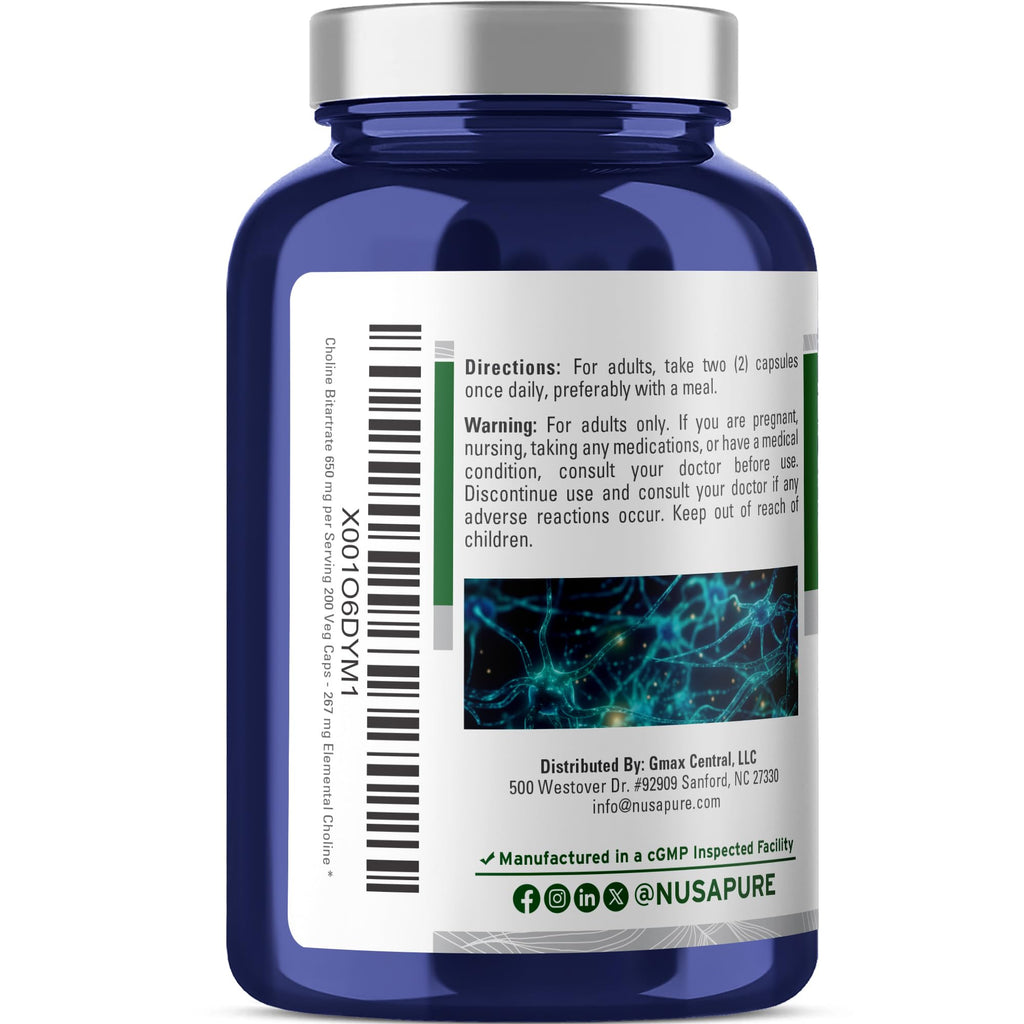 NusaPure Choline Bitartrate - Suitable for Vegetarian/Vegan, Non - GMO - 650 mg 200 Capsules