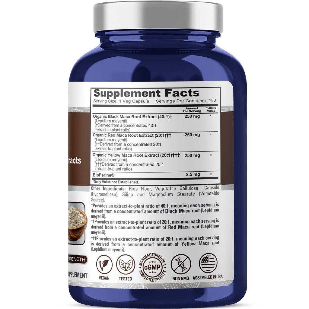 NusaPure Maca Root Black, Red, Yellow 750mg - 180 Vegan Capsules (Vegan,Non-GMO, Gluten Free) Bioperine