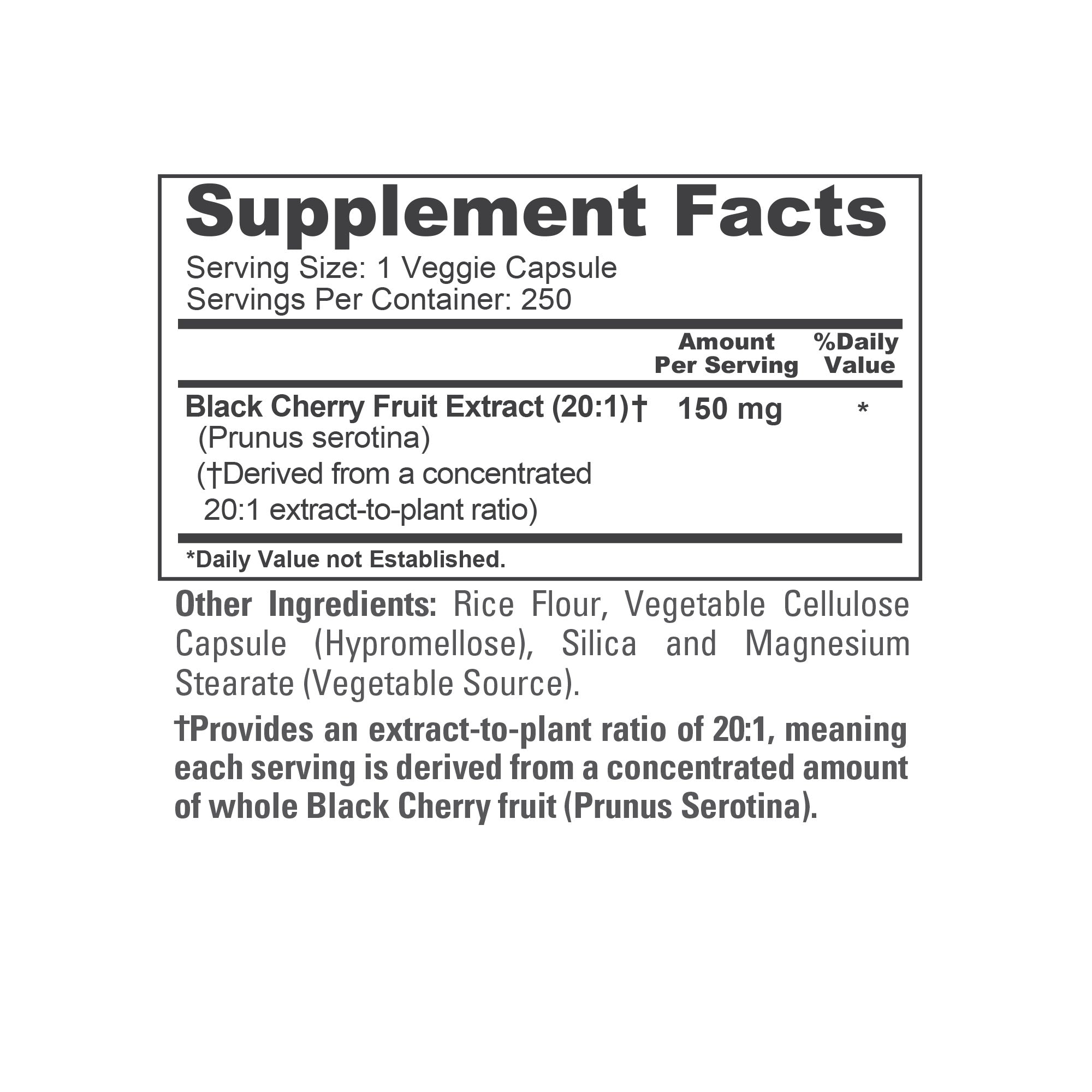 NusaPure Black Cherry Extract 20:1 - Suitable for Vegetarian/Vegan, Non - GMO - 150mg 250 Capsules