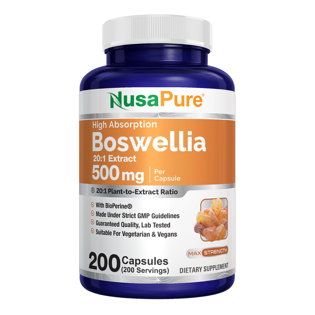 NusaPure Boswellia Serrata 500 mg Per Veggie Caps 200 Count (Ext. 20:1, Non-GMO, Vegan, Bioperine) Ayurvedic Herb: Indian Olibanum, Frankincense