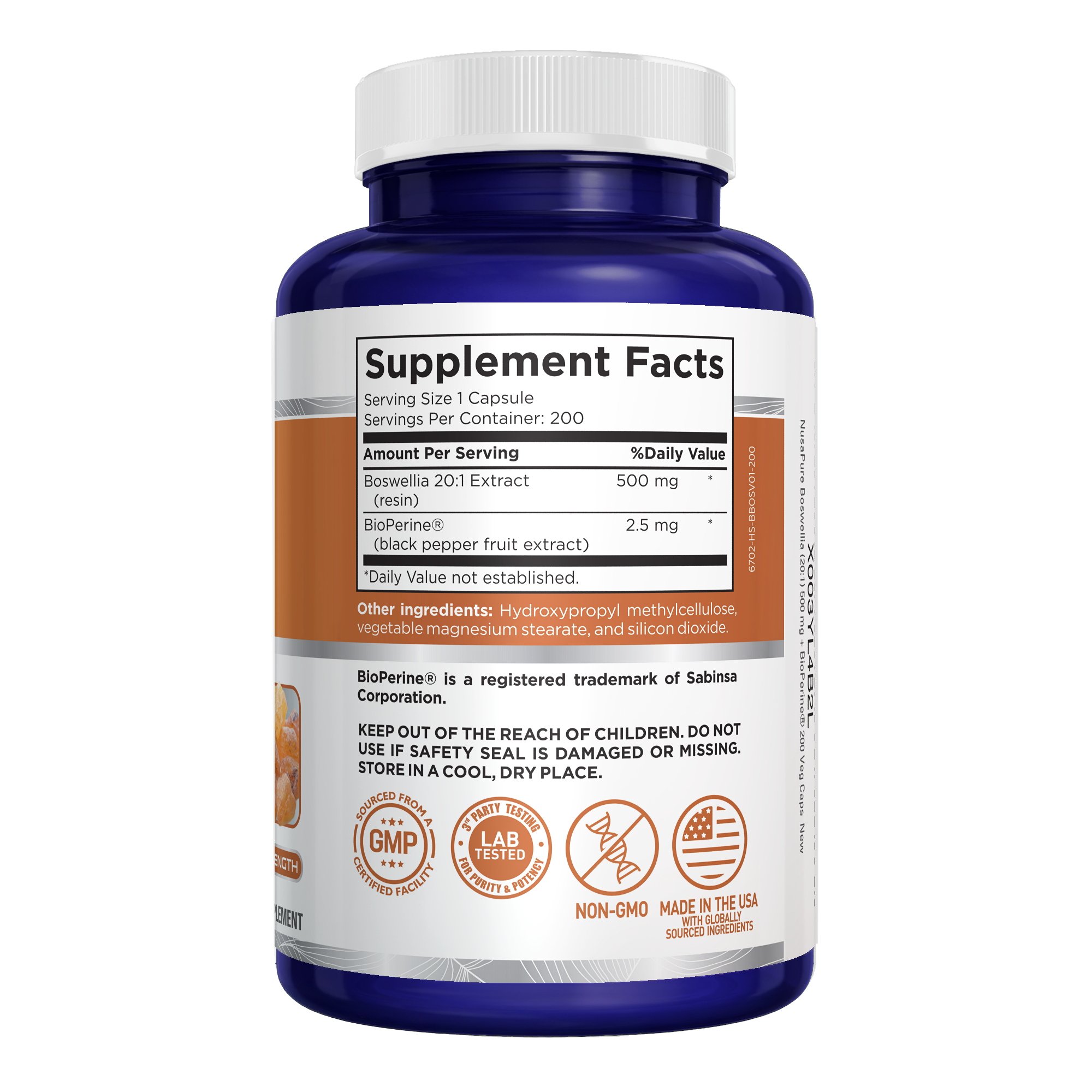 NusaPure Boswellia Serrata 500 mg Per Veggie Caps 200 Count (Ext. 20:1, Non-GMO, Vegan, Bioperine) Ayurvedic Herb: Indian Olibanum, Frankincense