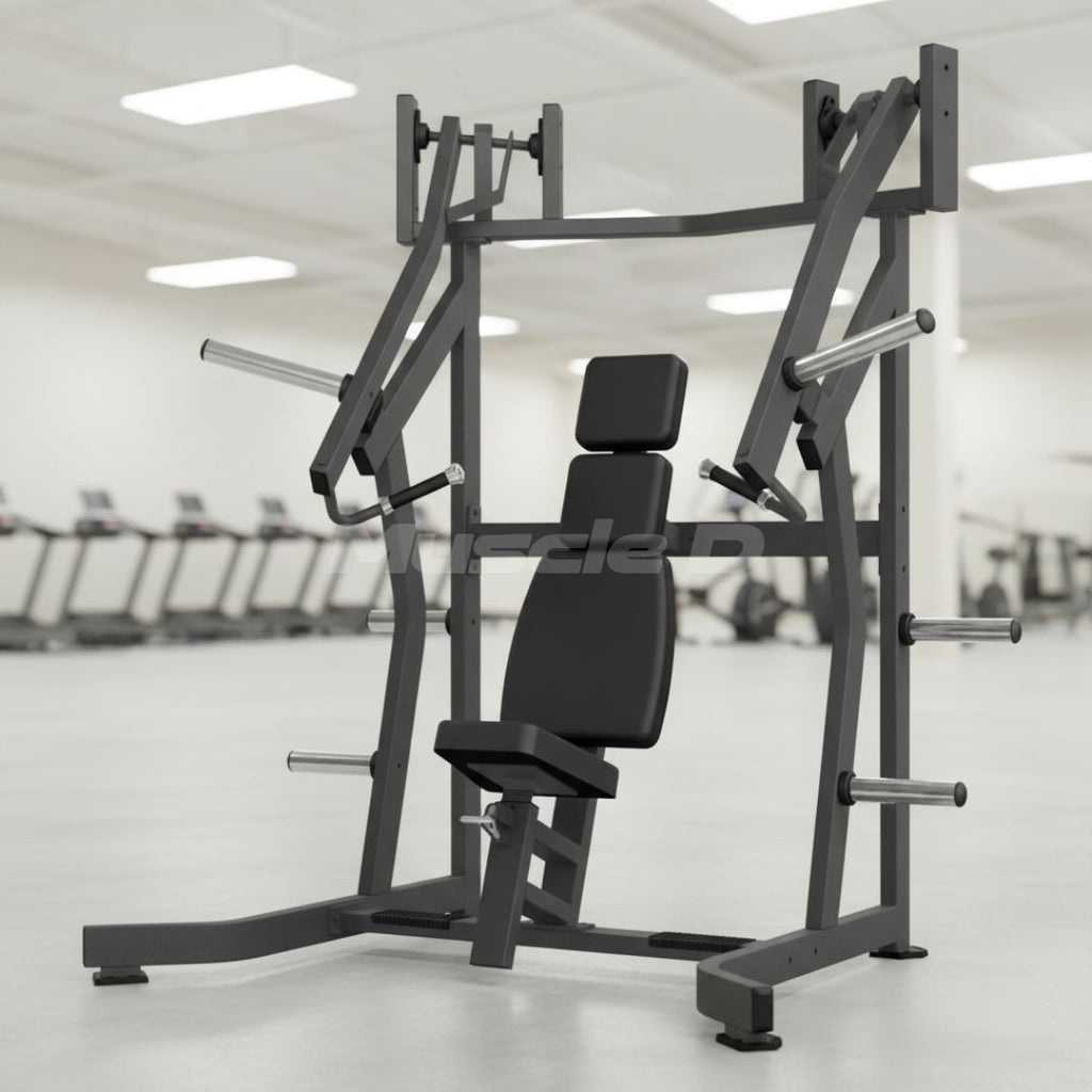 Excel Iso-Lateral Incline Press - Muscle D Fitness - Plate Load Incline Bench - Gas Shock Assisted Seat Adjustment - Weight Storage Pegs