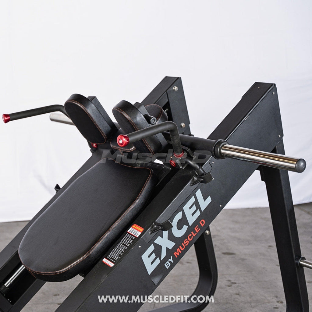 Excel Linear Hack Slide - Muscle D Fitness - Plate Load Hack Squat - Weight Storage Pegs - Safety Catch