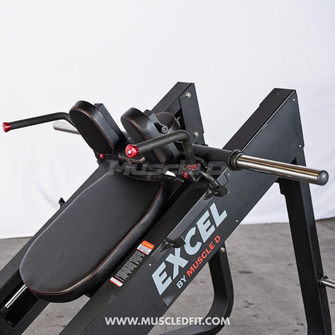 Excel Linear Hack Slide - Muscle D Fitness - Plate Load Hack Squat - Weight Storage Pegs - Safety Catch