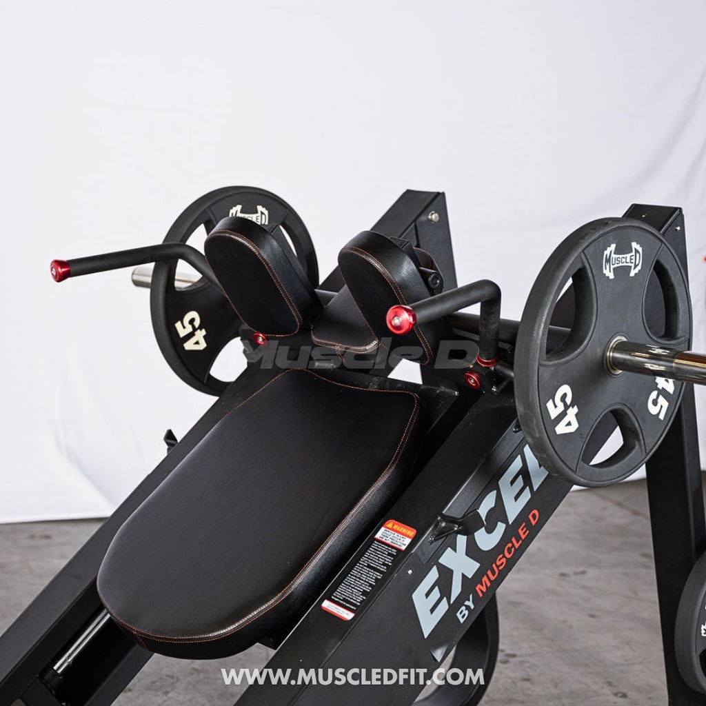 Excel Linear Hack Slide - Muscle D Fitness - Plate Load Hack Squat - Weight Storage Pegs - Safety Catch