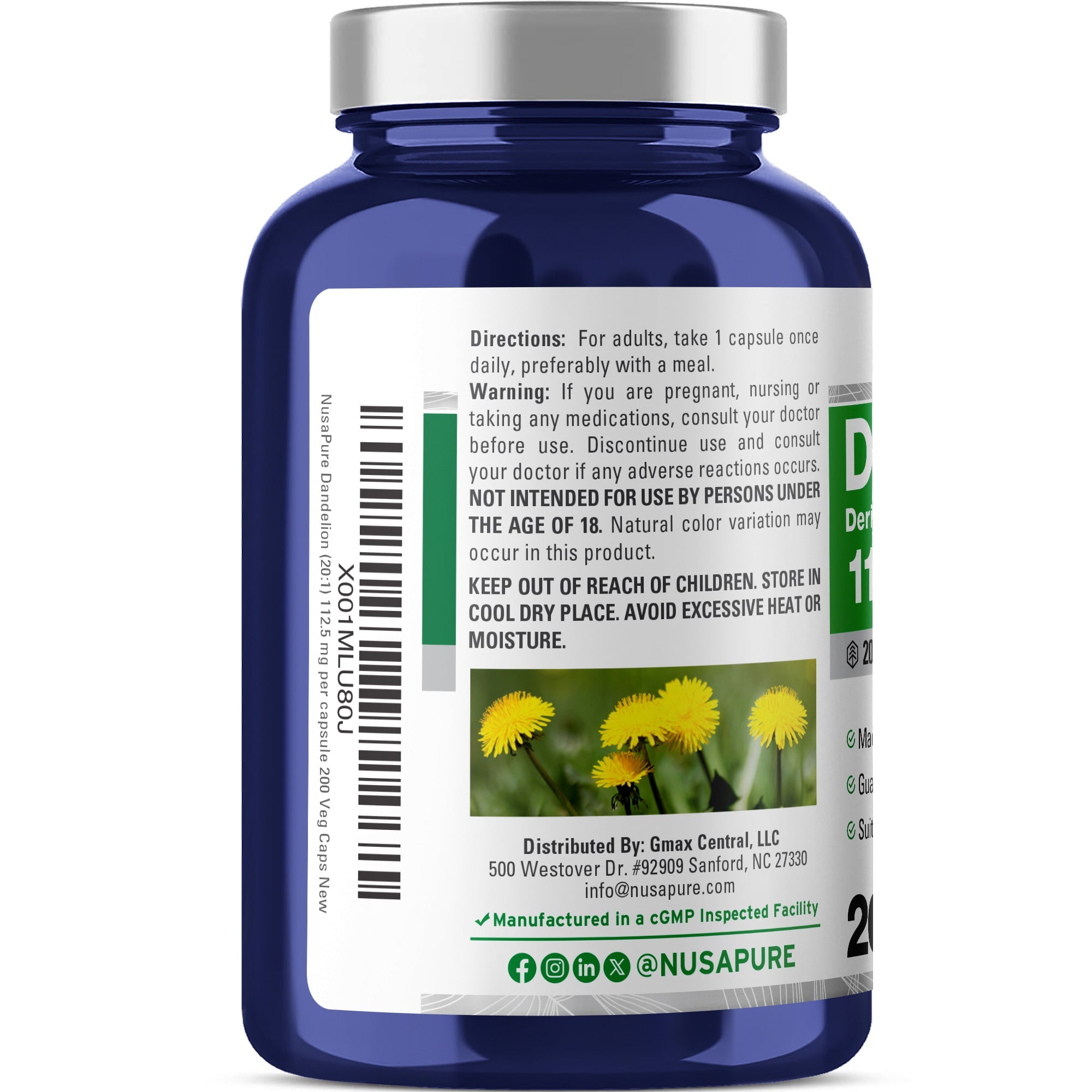 NusaPure Dandelion Root 20:1 Extract, 112.5 mg 200 Veggie Capsules (Non-GMO, Vegan)