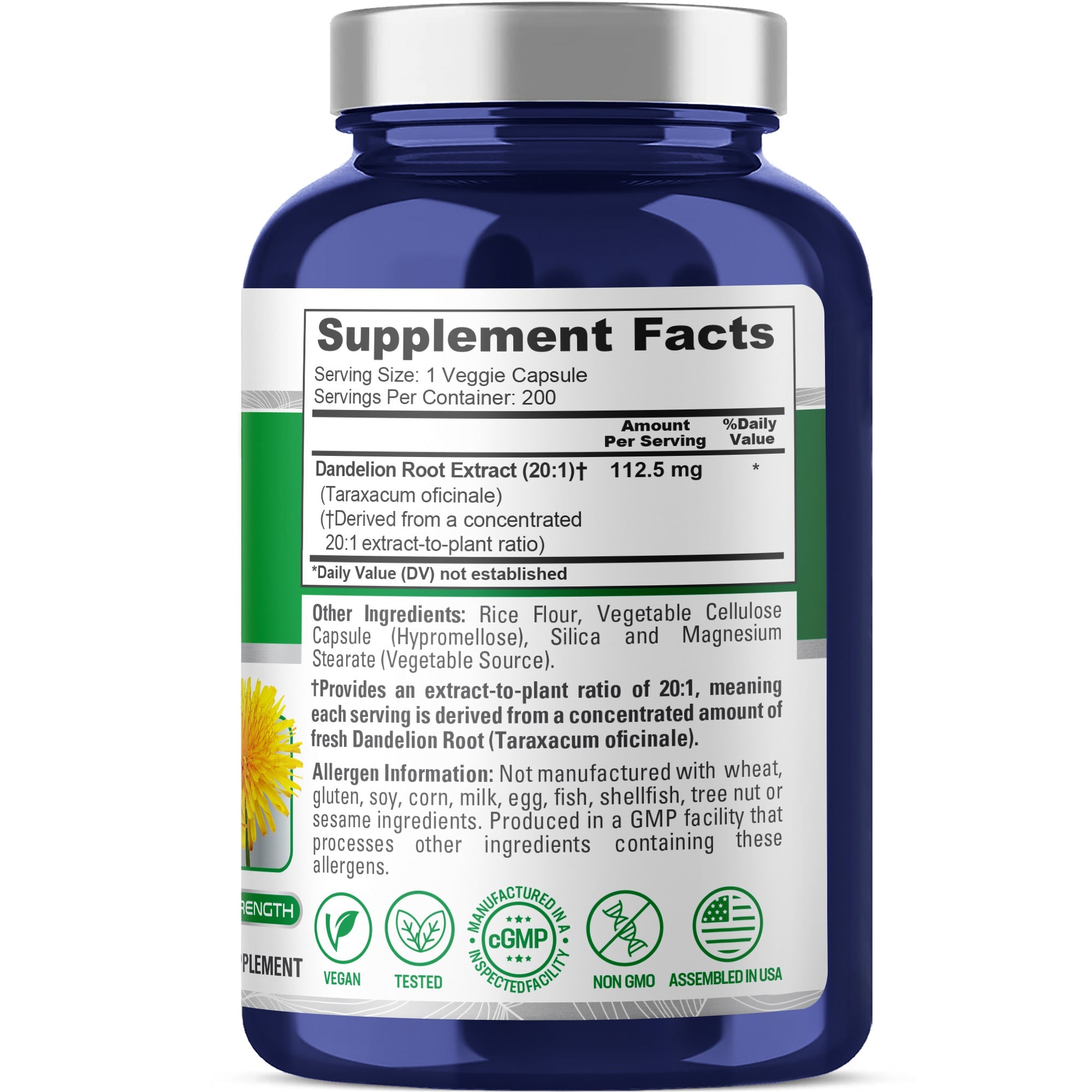 NusaPure Dandelion Root 20:1 Extract, 112.5 mg 200 Veggie Capsules (Non-GMO, Vegan)
