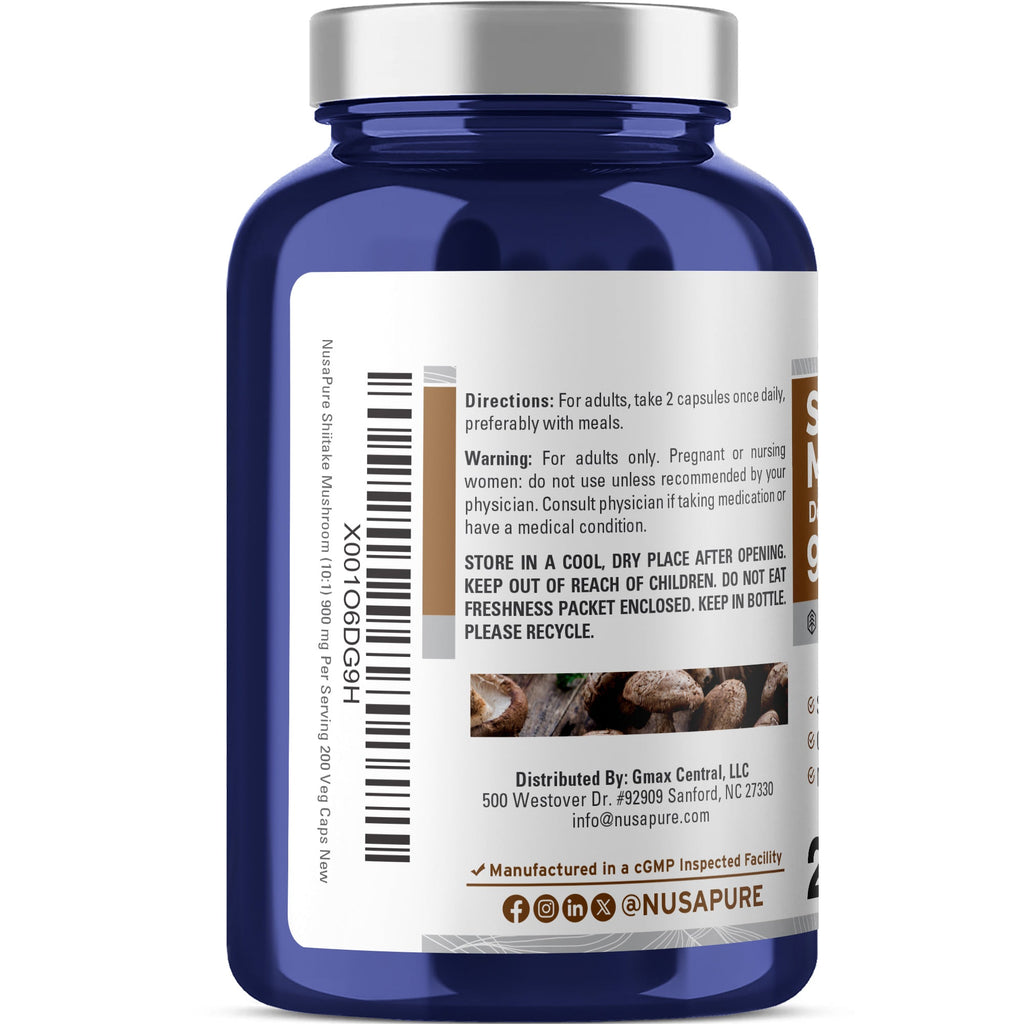 NusaPure Shiitake Mushroom 10:1 Extract, 900 mg 200 Veggie Capsules (Non-GMO, Vegan)