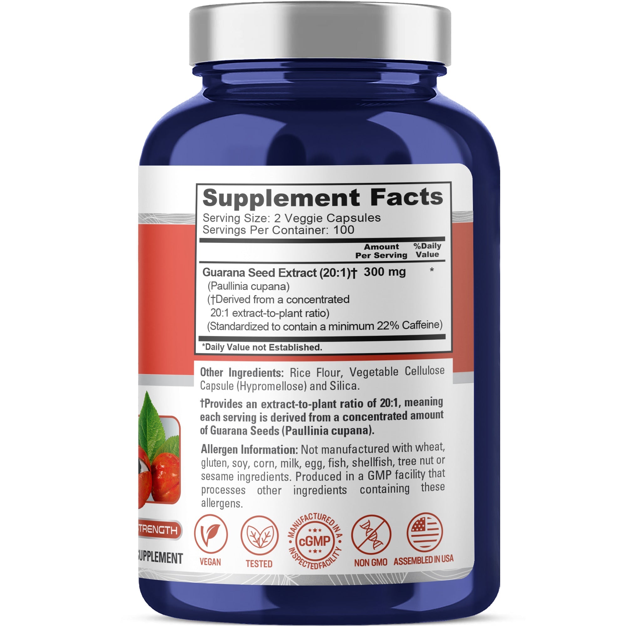 NusaPure Guarana Extract 20:1 Extract, 300 mg per Veggie Caps 200 Count (Non-GMO, Vegan)