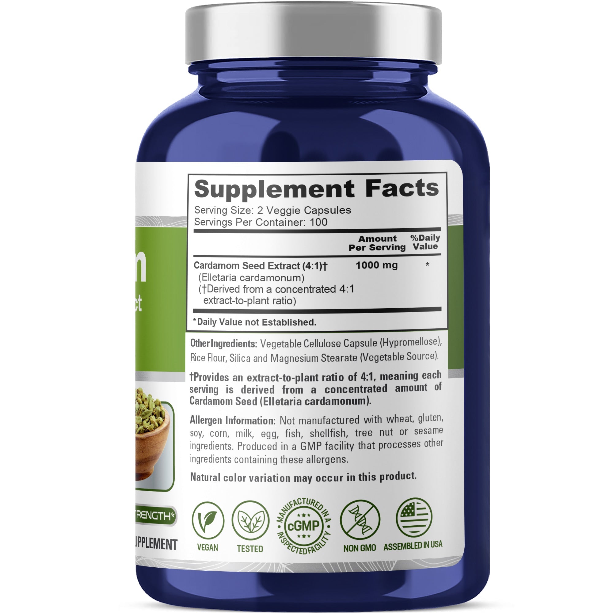 NusaPure Cardamom 4:1 Extract, 1000 mg 200 Vegetarian Capsules (Non-GMO, Vegan)