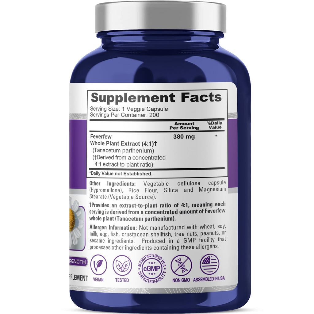 NusaPure Feverfew Extract 4:1 - Suitable for Vegetarian/Vegan, Non - GMO - 380mg 200 Capsules