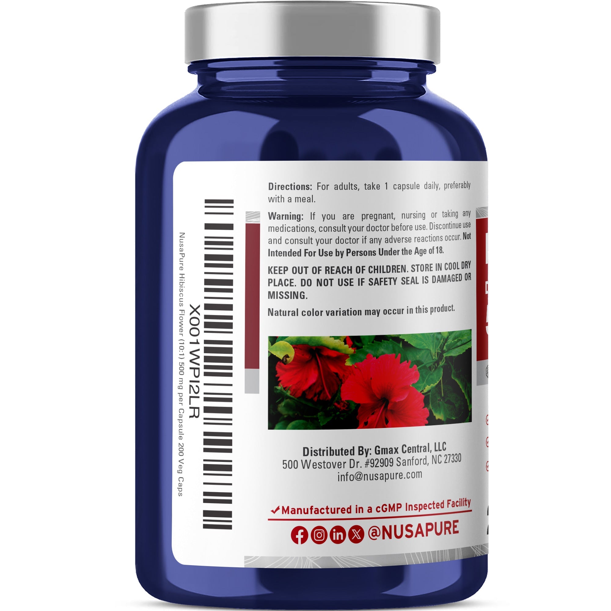 NusaPure Hibiscus Flower 10:1 Extract, 500 mg 200 Vegetarian Caps (Non-GMO, Vegan)