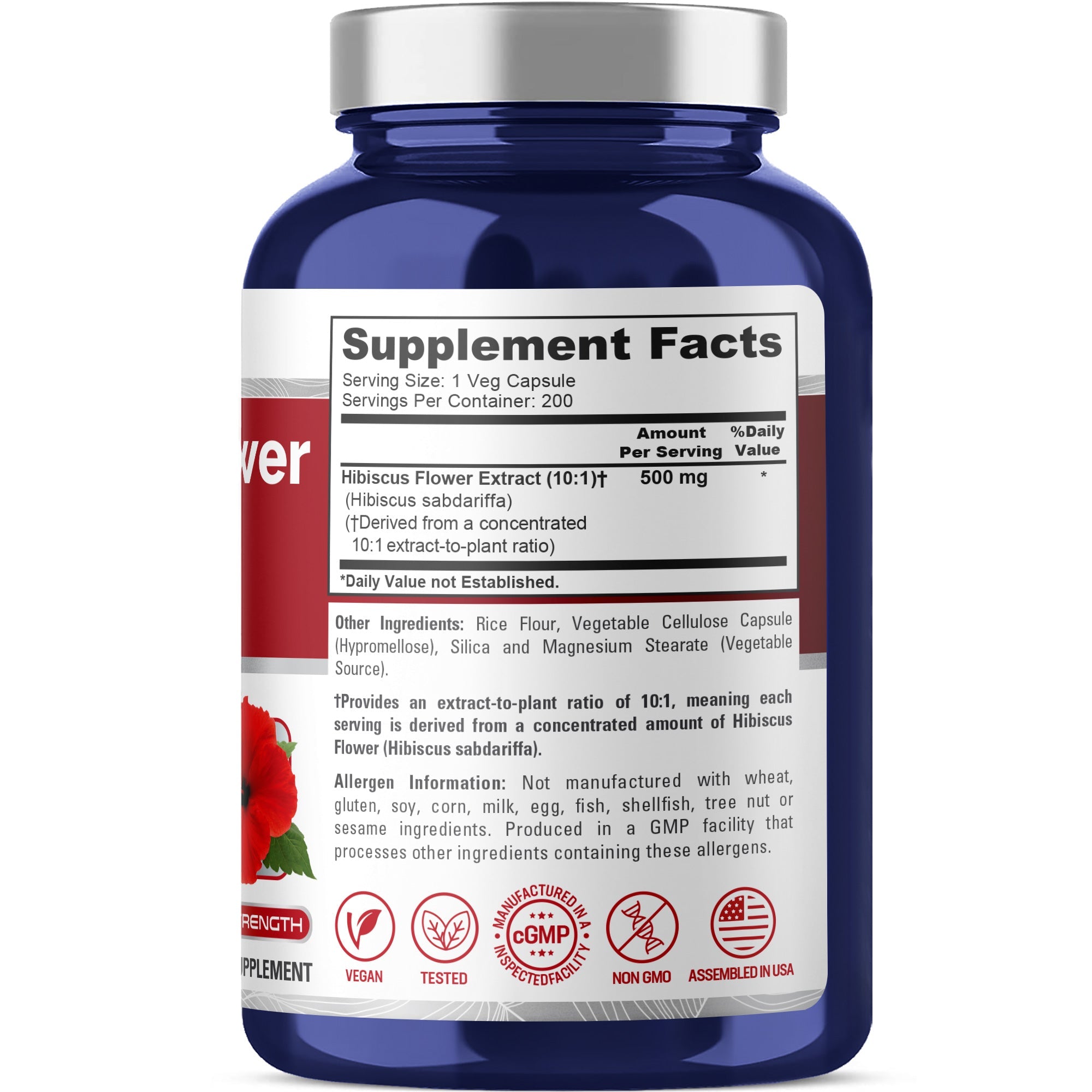 NusaPure Hibiscus Flower 10:1 Extract, 500 mg 200 Vegetarian Caps (Non-GMO, Vegan)