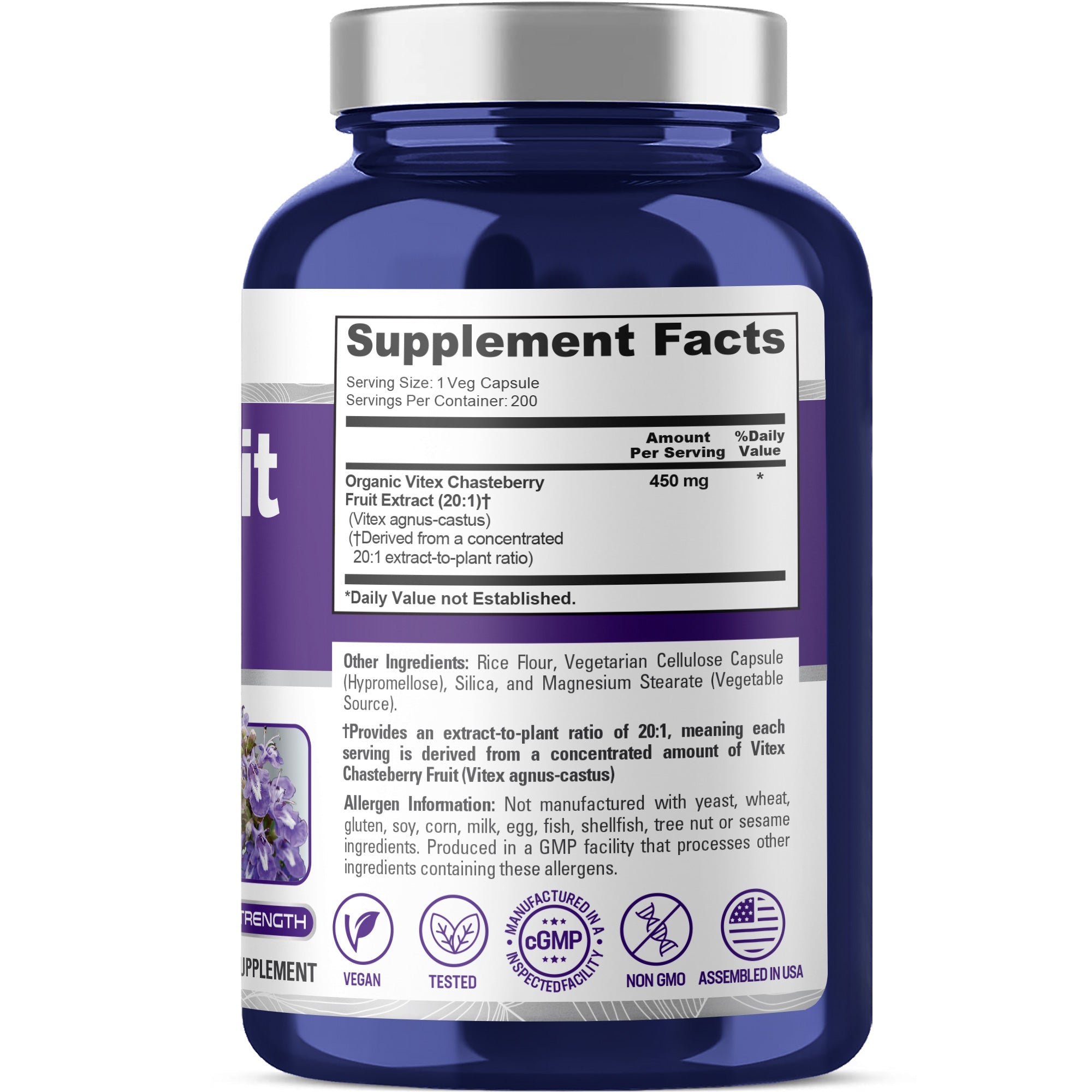 NusaPure Vitex Chasteberry Fruit 20:1 Extract, 450 mg mg 200 Vegan Capsules - Non-GMO, Vegan Dietary Supplement