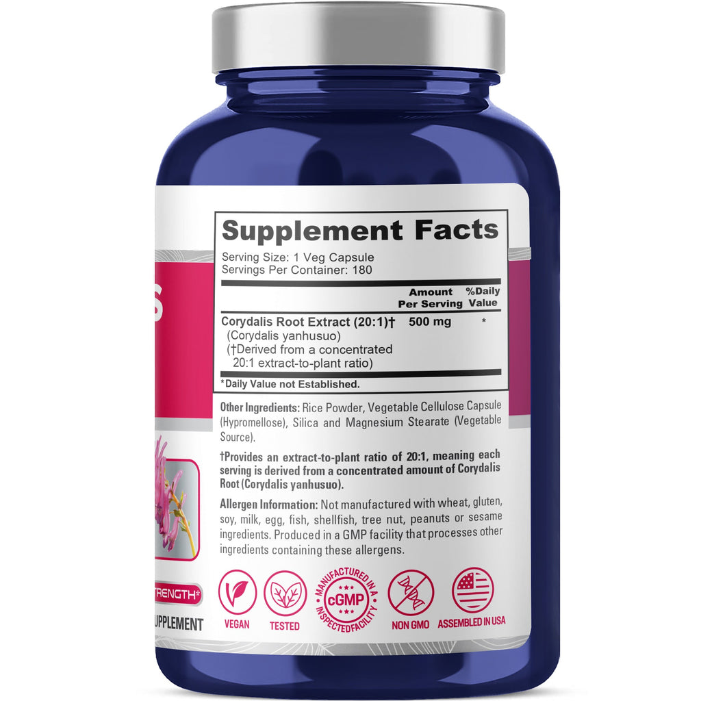 NusaPure Corydalis Root Extract 20:1 - Suitable for Vegetarian/Vegan, Non - GMO - 500 mg - 180 Capsules